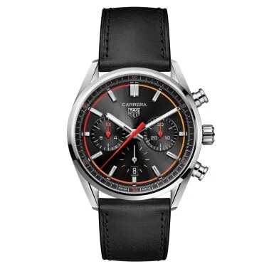 Montre TAG Heuer Carrera Chronograph automatique cercle orange rouge cadran noir bracelet cuir noir 42 mm CBN201C.FC6542