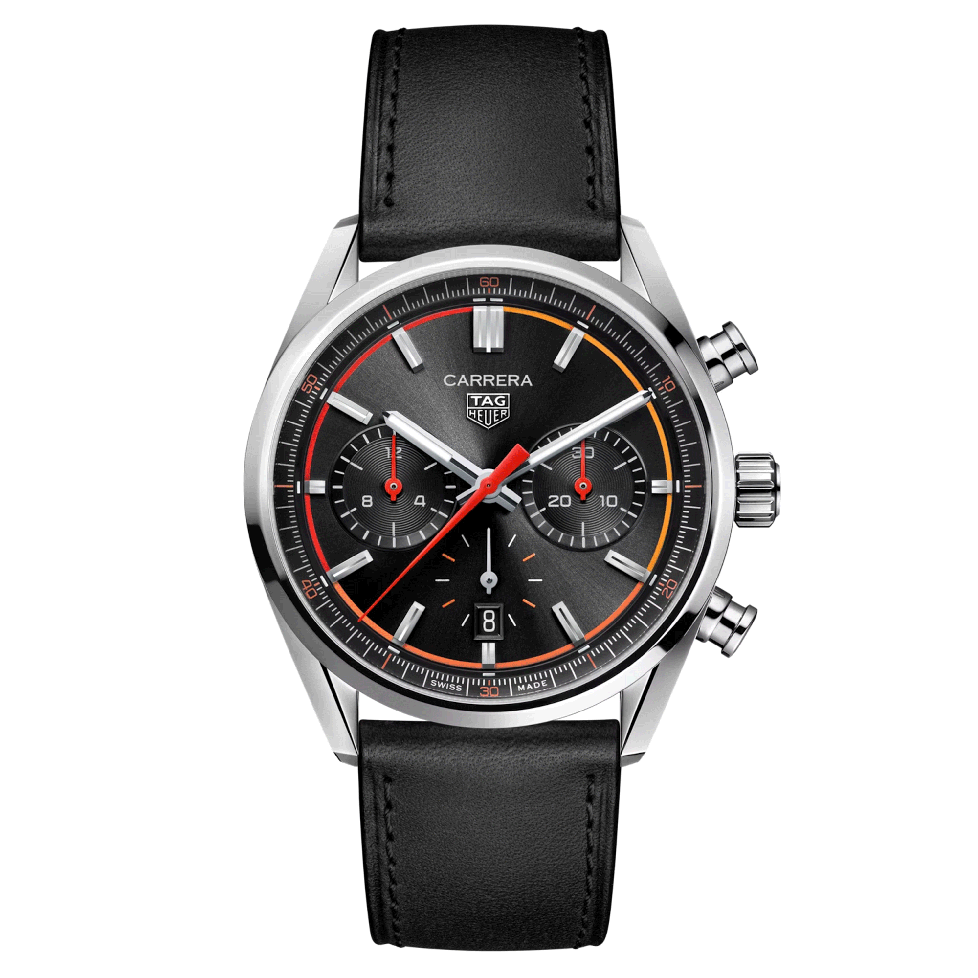 Montre TAG Heuer Carrera Chronograph automatique cercle orange rouge cadran noir bracelet cuir noir 42 mm CBN201C.FC6542