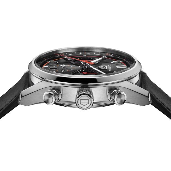 Montre TAG Heuer Carrera Chronograph automatique cercle orange rouge cadran noir bracelet cuir noir 42 mm CBN201C.FC6542