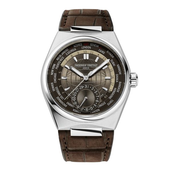 Montre Frédérique Constant Highlife Worldtimer Manufacture automatique cadran marron bracelet cuir 41 mm