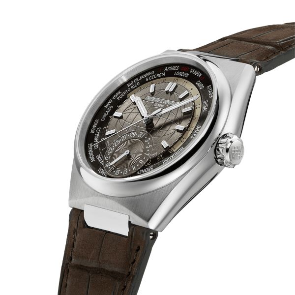 Montre Frédérique Constant Highlife Worldtimer Manufacture automatique cadran marron bracelet cuir 41 mm