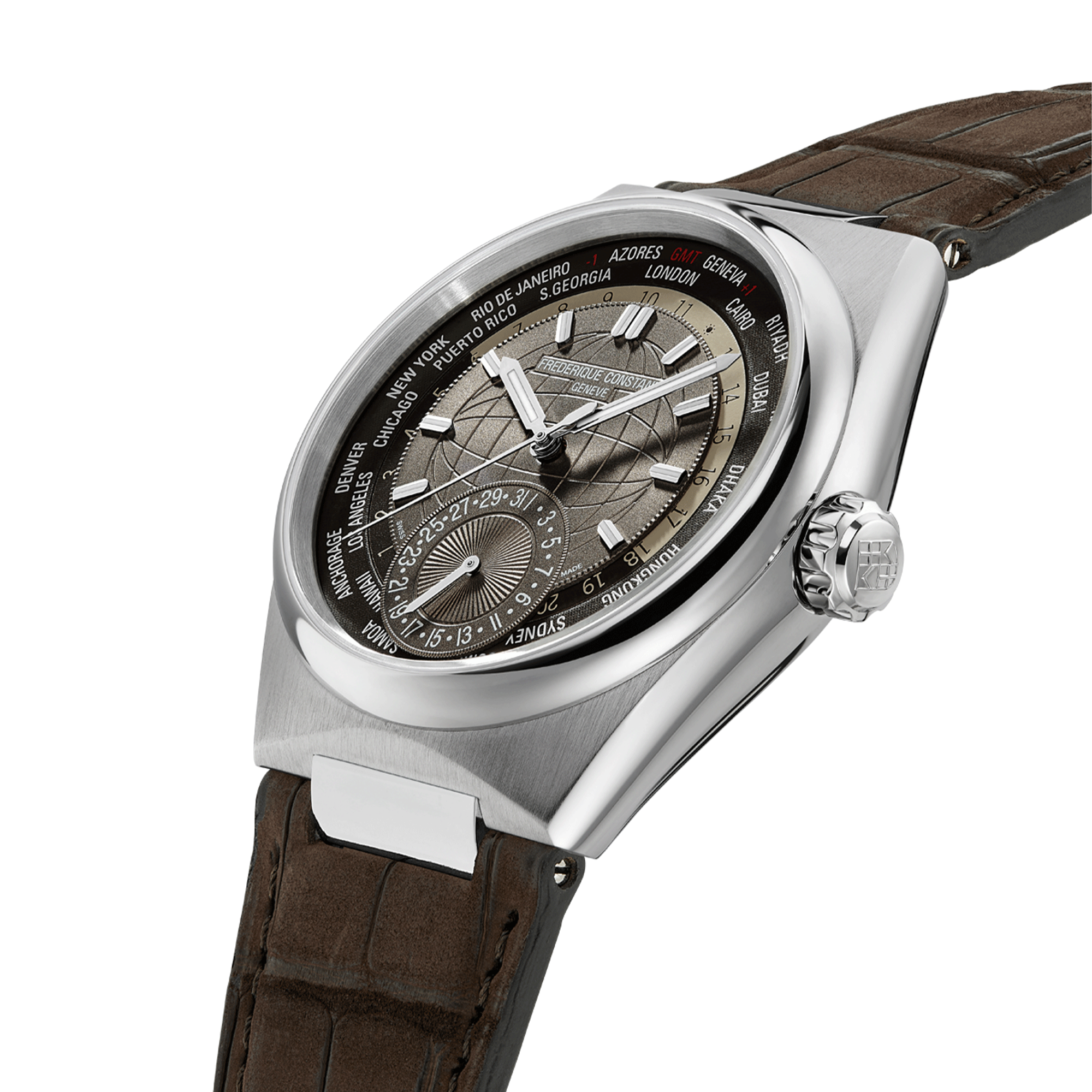 Montre Frédérique Constant Highlife Worldtimer Manufacture automatique cadran marron bracelet cuir 41 mm