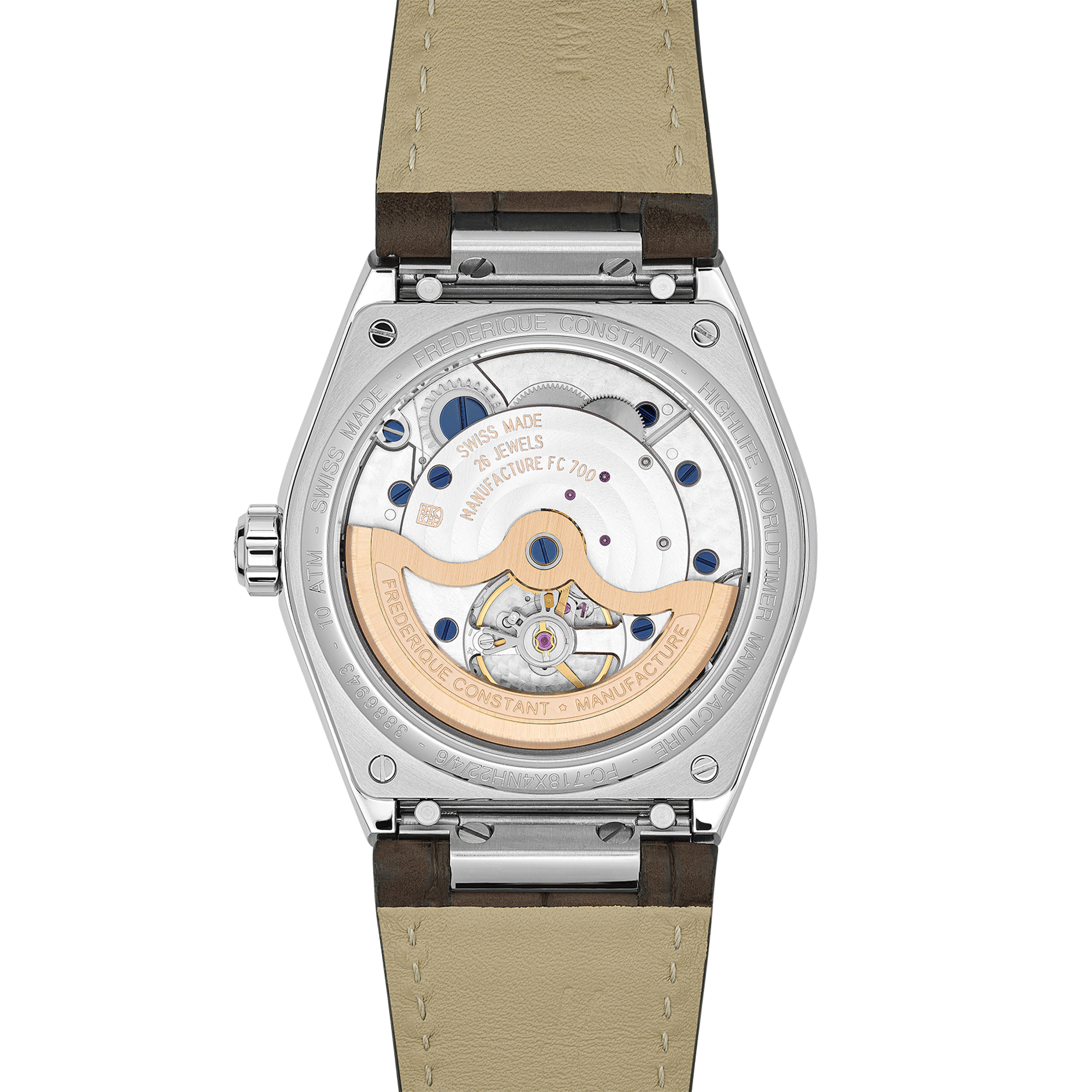 Montre Frédérique Constant Highlife Worldtimer Manufacture automatique cadran marron bracelet cuir 41 mm