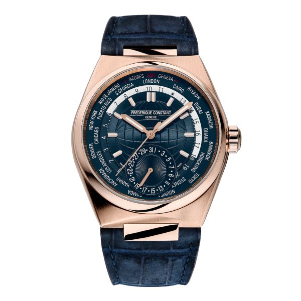 Frederique Constant Highlife Worldtimer Manufacture automatic rose gold blue dial leather strap 41 mm