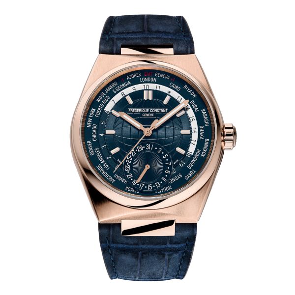 Montre Frédérique Constant Highlife Worldtimer Manufacture automatique or rose cadran bleu bracelet cuir 41 mm