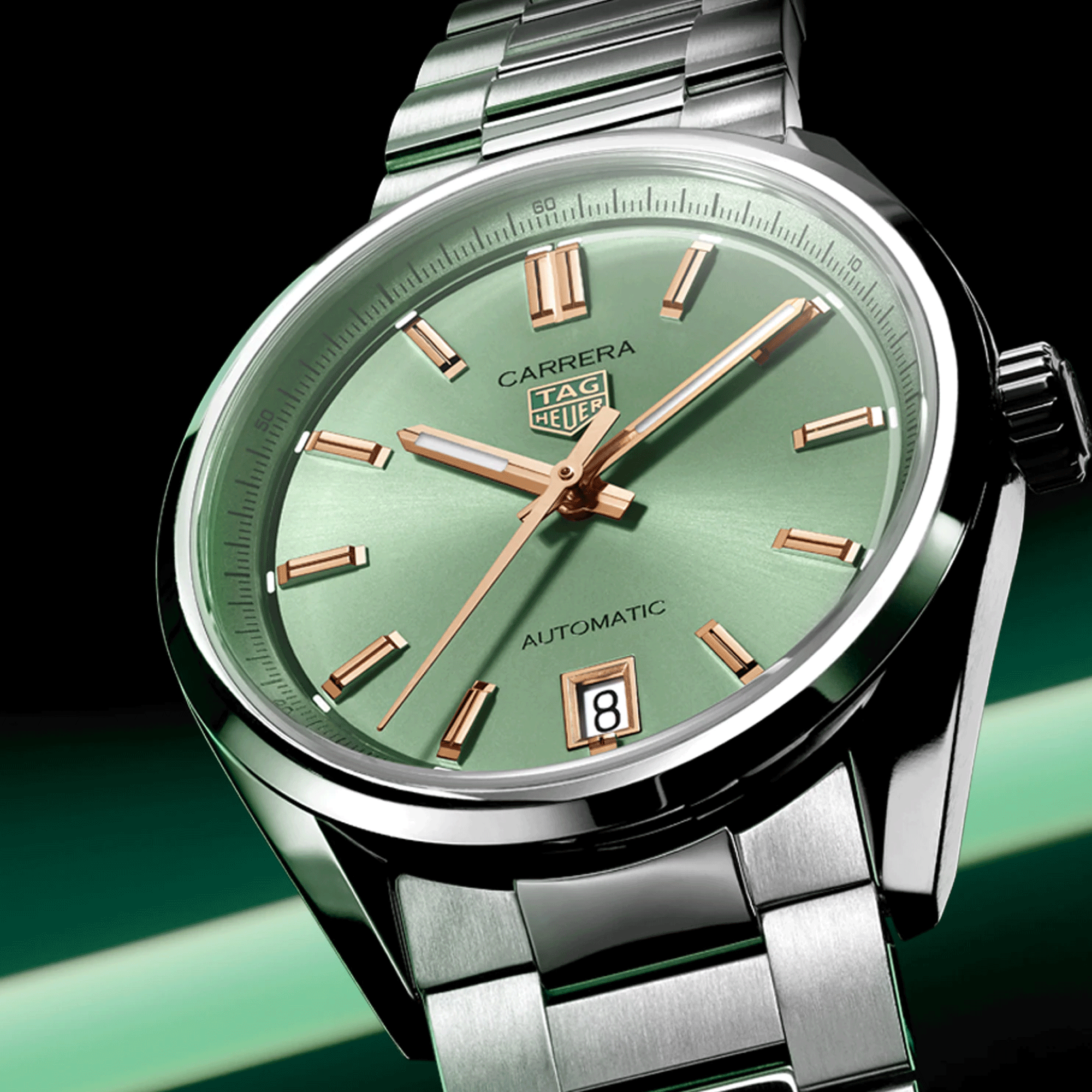Montre TAG Heuer Carrera automatique index or rose cadran vert bracelet acier 36 mm WBN2312.BA0001