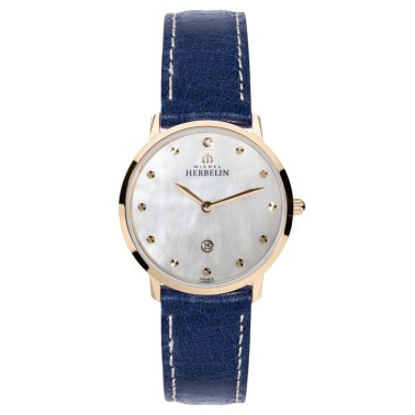 Montre Michel Herbelin City Lady quartz acier PVD doré rose cadran nacre bracelet cuir bleu 30,5 mm