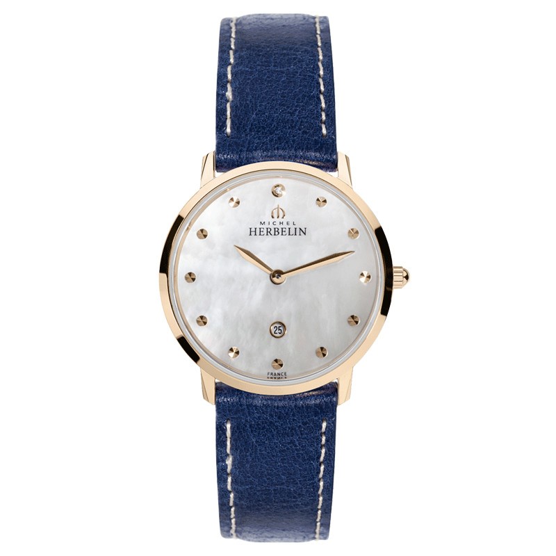 Montre Michel Herbelin City Lady quartz acier PVD doré rose cadran nacre bracelet cuir bleu 30,5 mm