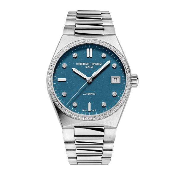 Frédérique Constant Highlife Ladies Sparkling automatic watch with set bezel blue dial steel bracelet 34 mm