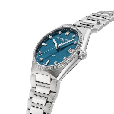 Frédérique Constant Highlife Ladies Sparkling automatic watch with set bezel blue dial steel bracelet 34 mm
