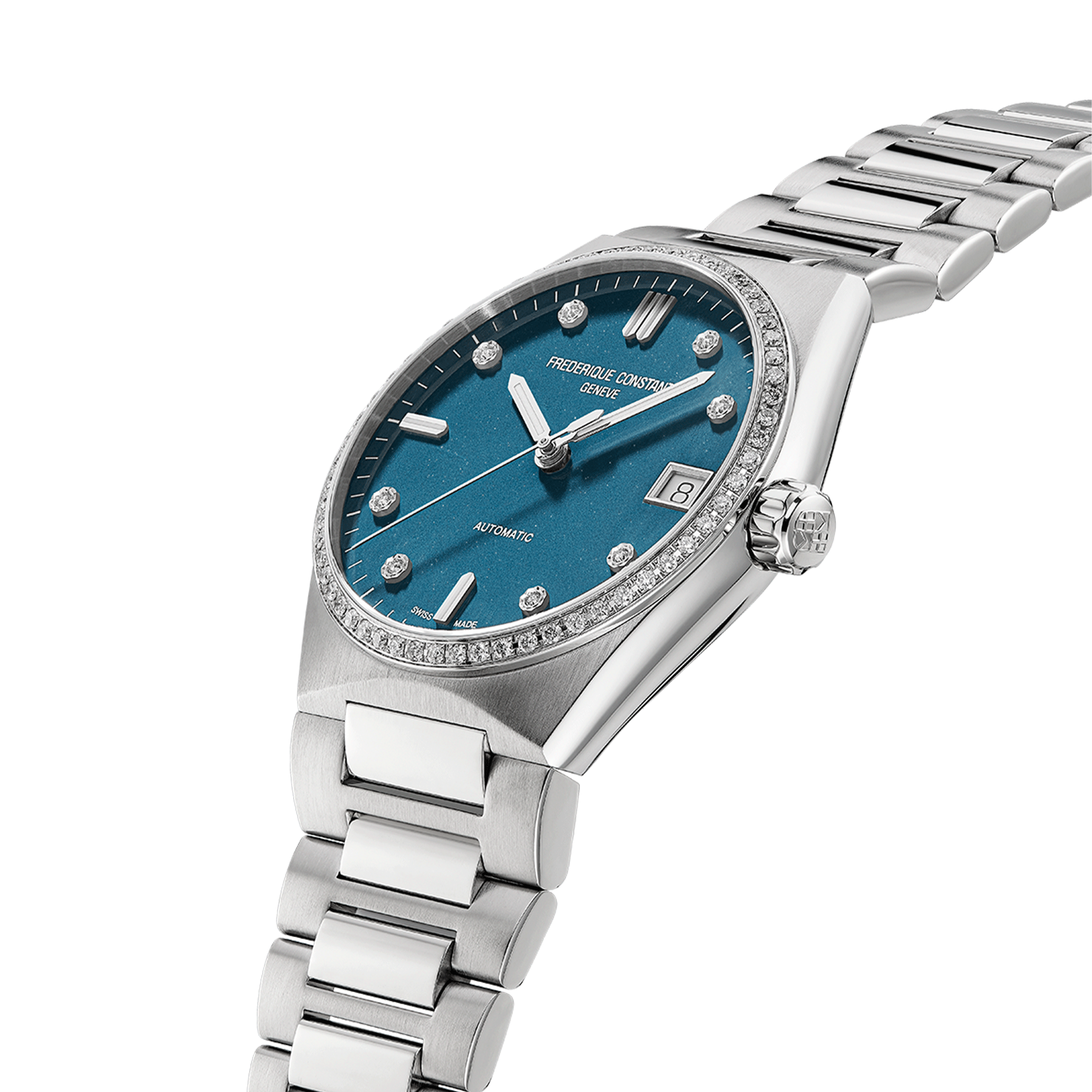 Frédérique Constant Highlife Ladies Sparkling automatic watch with set bezel blue dial steel bracelet 34 mm