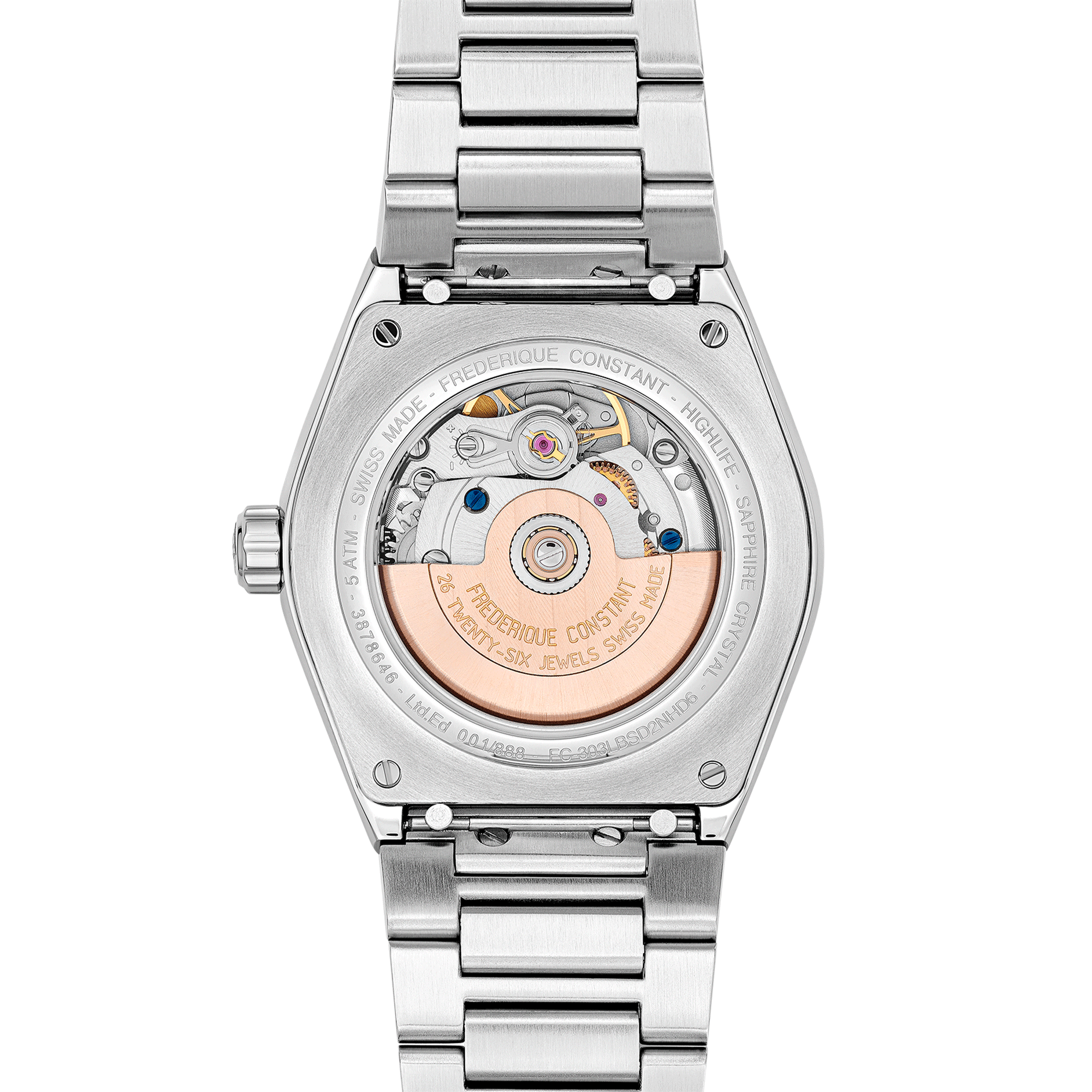 Frédérique Constant Highlife Ladies Sparkling automatic watch with set bezel blue dial steel bracelet 34 mm