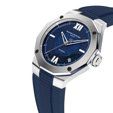 Baume et Mercier Riviera automatic watch transparent blue dial blue rubber strap 42 mm 10701