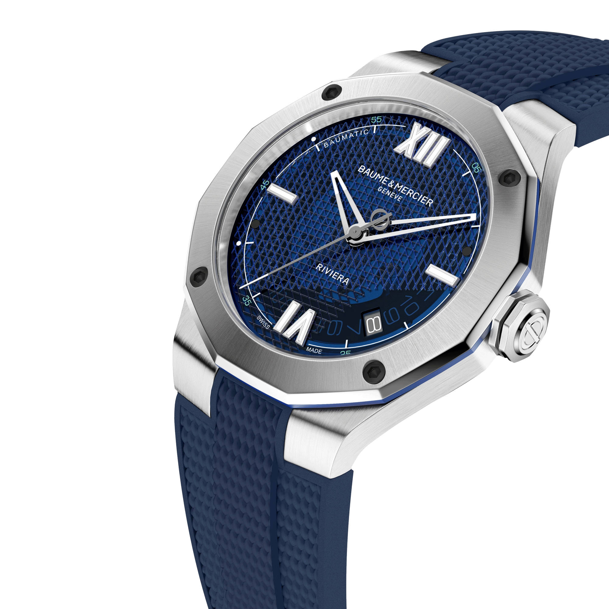 Baume et Mercier Riviera automatic watch transparent blue dial blue rubber strap 42 mm 10701