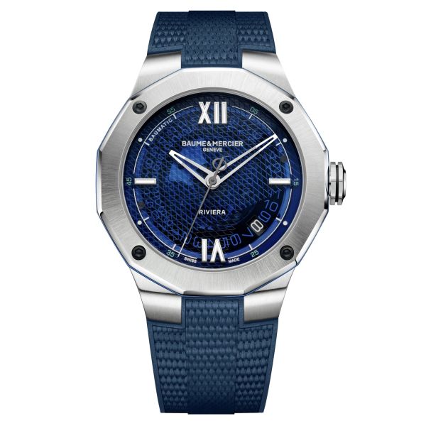 Baume et Mercier Riviera automatic watch transparent blue dial blue rubber strap 42 mm 10701