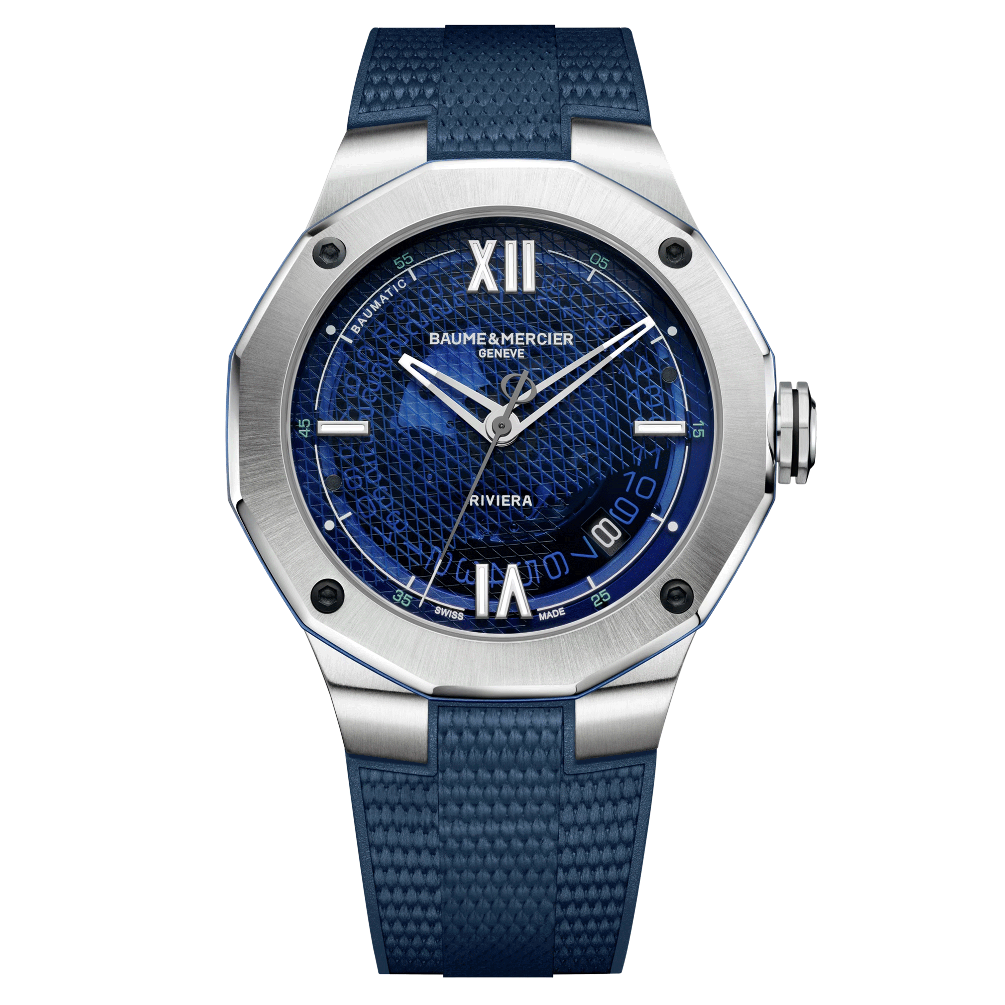 Montre Baume et Mercier Riviera automatique cadran bleu transparent bracelet caoutchouc bleu 42 mm 10701
