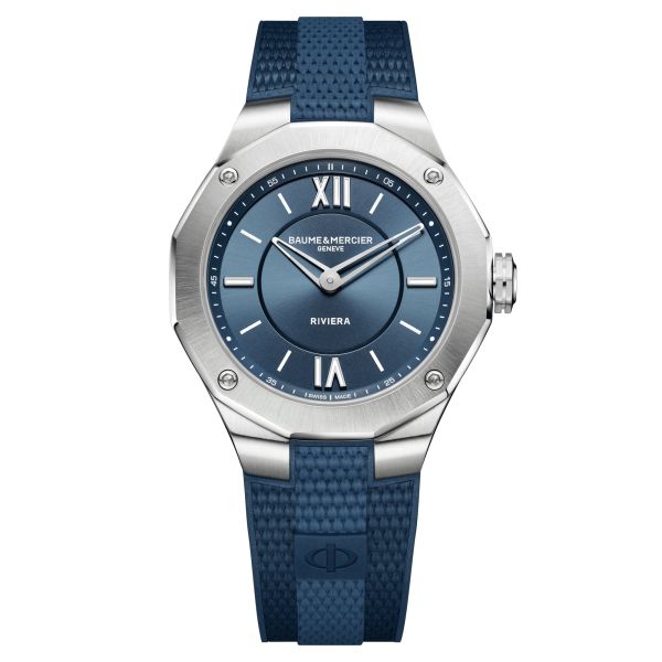 Montre Baume et Mercier Riviera quartz cadran bleu bracelet caoutchouc bleu 36 mm 10689