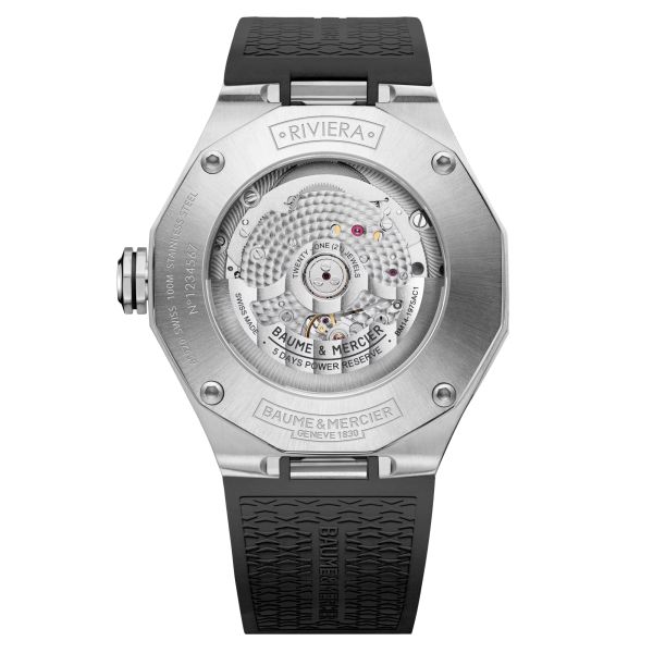 Baume et Mercier Riviera Phase de Lune automatic watch grey dial grey rubber strap 43 mm 10681