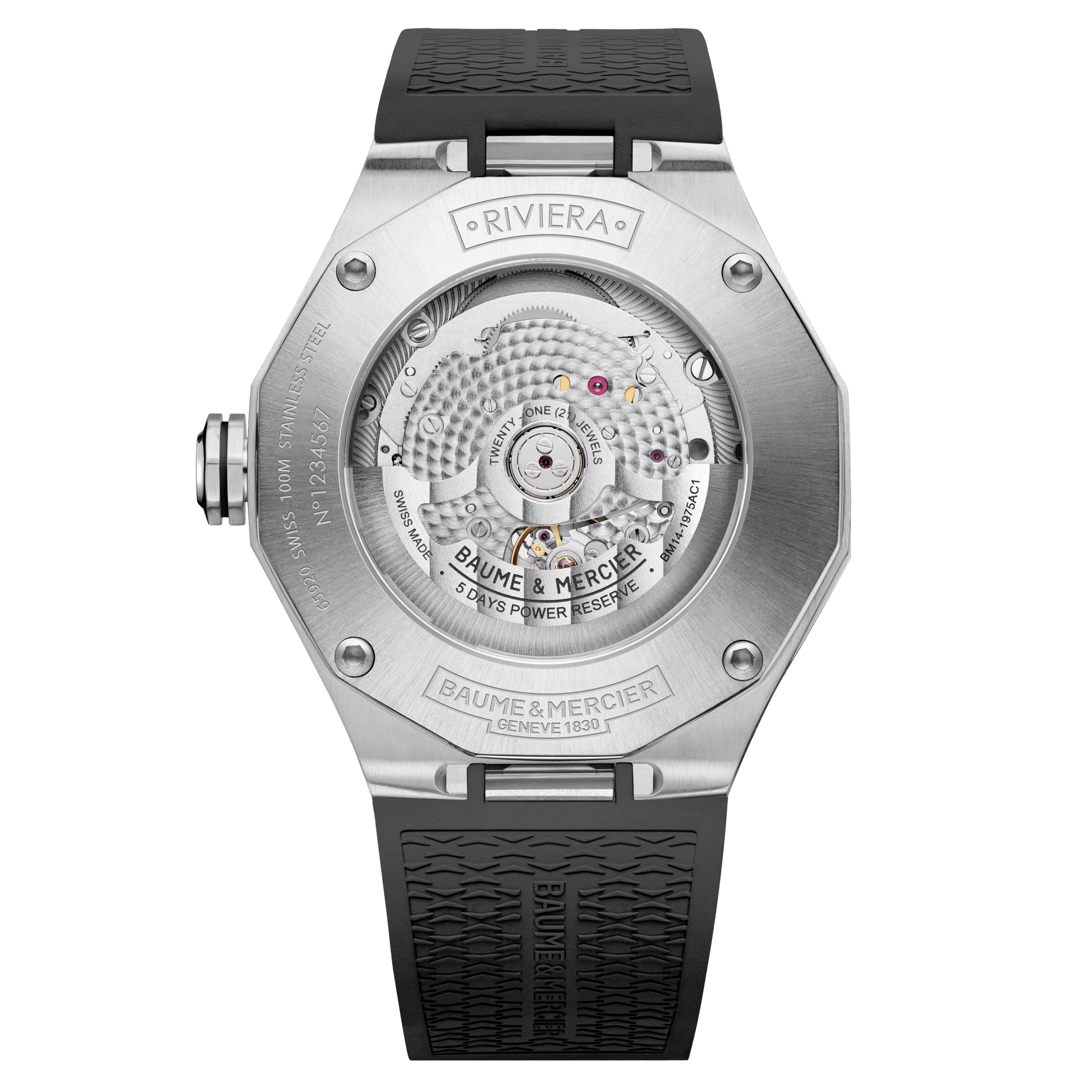 Baume et Mercier Riviera Phase de Lune automatic watch grey dial grey rubber strap 43 mm 10681