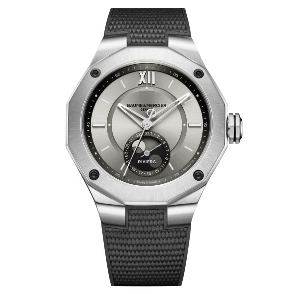 Baume et Mercier Riviera Phase de Lune automatic watch grey dial grey rubber strap 43 mm 10681