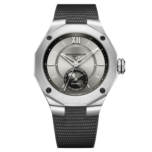 Montre Baume et Mercier Riviera Phase de Lune automatique cadran gris bracelet caoutchouc gris 43 mm 10681