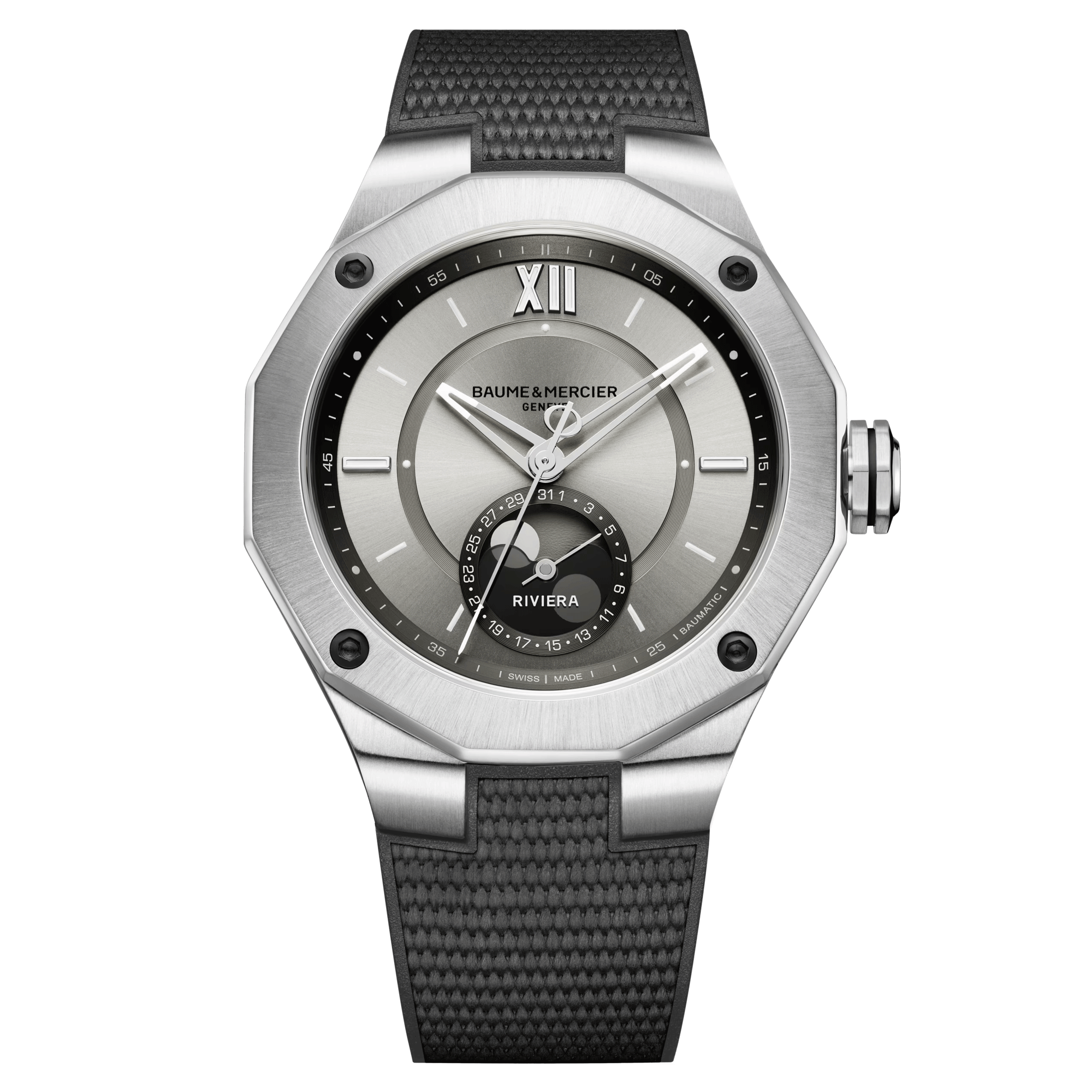 Baume et Mercier Riviera Phase de Lune automatic watch grey dial grey rubber strap 43 mm 10681