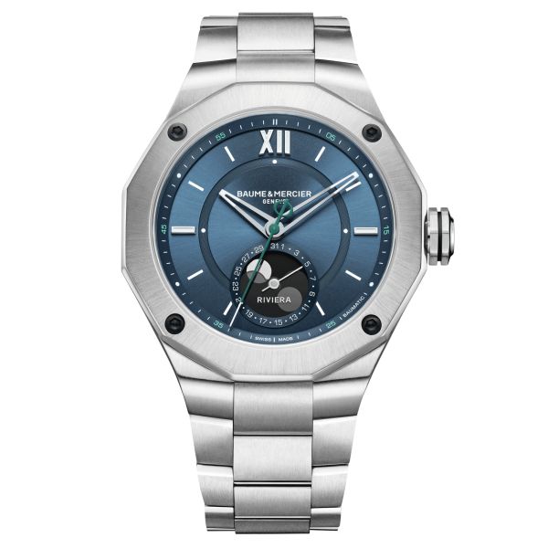 Baume et Mercier Riviera Phase de Lune automatic watch blue dial steel bracelet 43 mm 10682