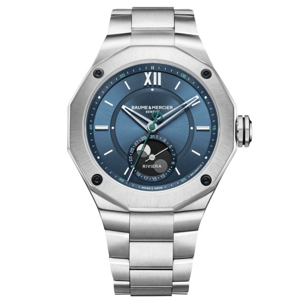 Montre Baume et Mercier Riviera Phase de Lune automatique cadran bleu bracelet acier 43 mm 10682