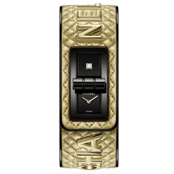 Montre CHANEL Code Coco Cybergold quartz cadran laqué noir bracelet cuir veau lettres plaquées or