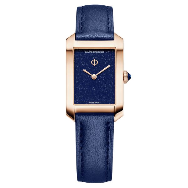 Montre Baume et Mercier Hampton Or Rose quartz cadran bleu bracelet cuir bleu 35 x 22 mm 10674