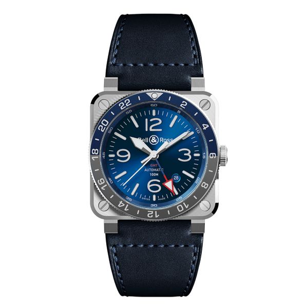 Montre Bell & Ross BR 03-93 GMT Blue automatique cadran bleu bracelet cuir 42 mm