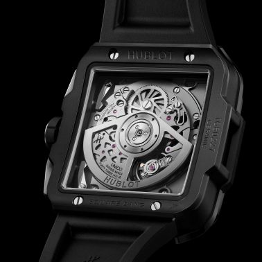 Montre Hublot Square Bang Unico Black Magic automatique cadran squelette bracelet caoutchouc noir 42 mm 821.CI.0170.RX