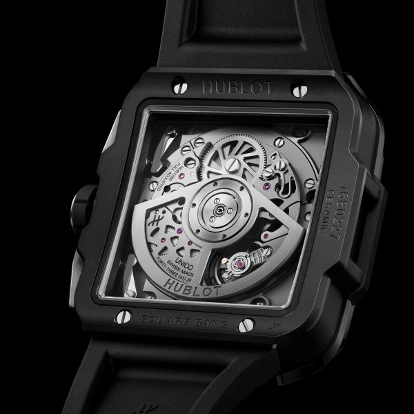 Montre Hublot Square Bang Unico Black Magic automatique cadran squelette bracelet caoutchouc noir 42 mm 821.CI.0170.RX