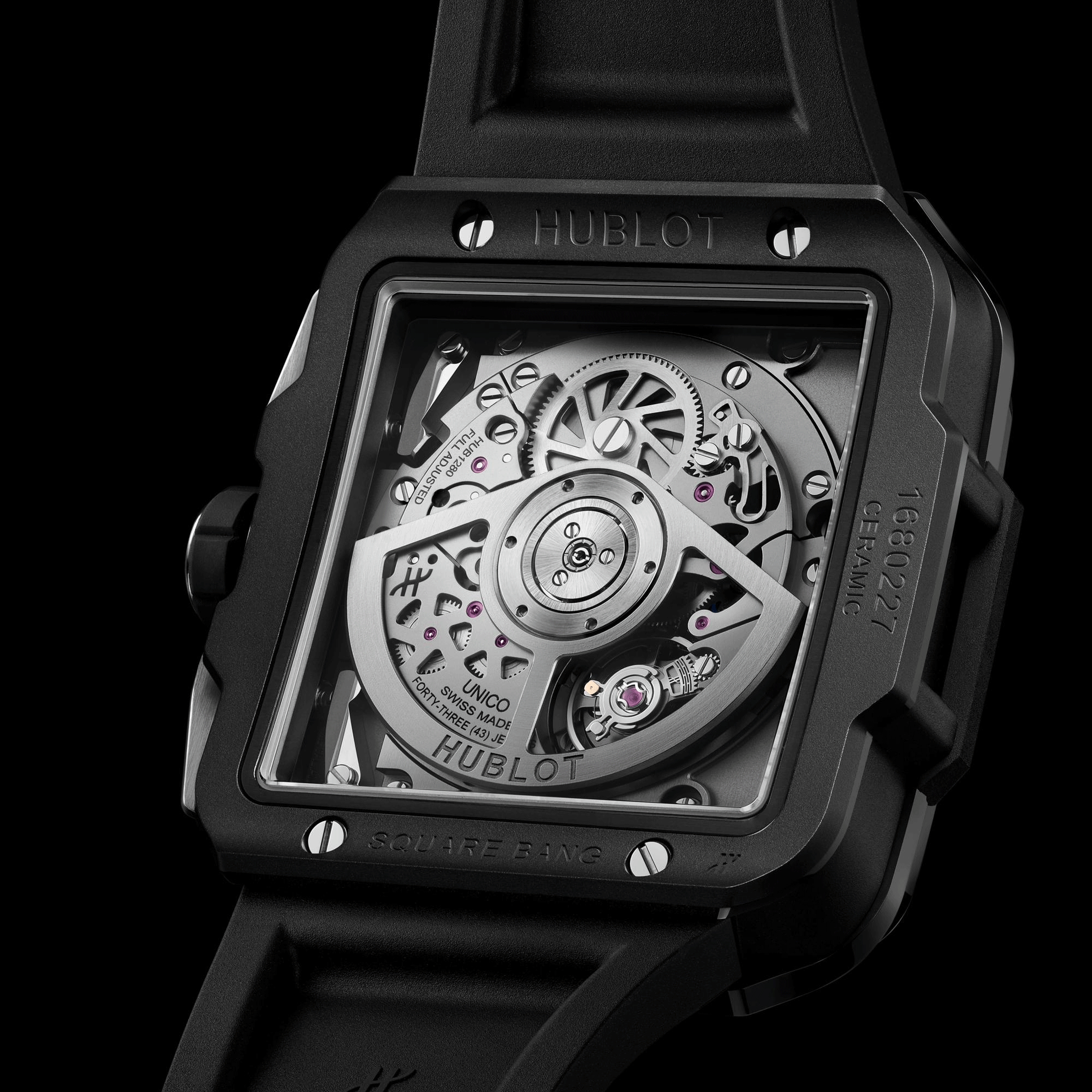 Montre Hublot Square Bang Unico Black Magic automatique cadran squelette bracelet caoutchouc noir 42 mm 821.CI.0170.RX