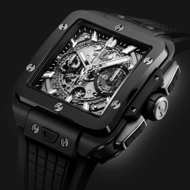Montre Hublot Square Bang Unico Black Magic automatique cadran squelette bracelet caoutchouc noir 42 mm 821.CI.0170.RX