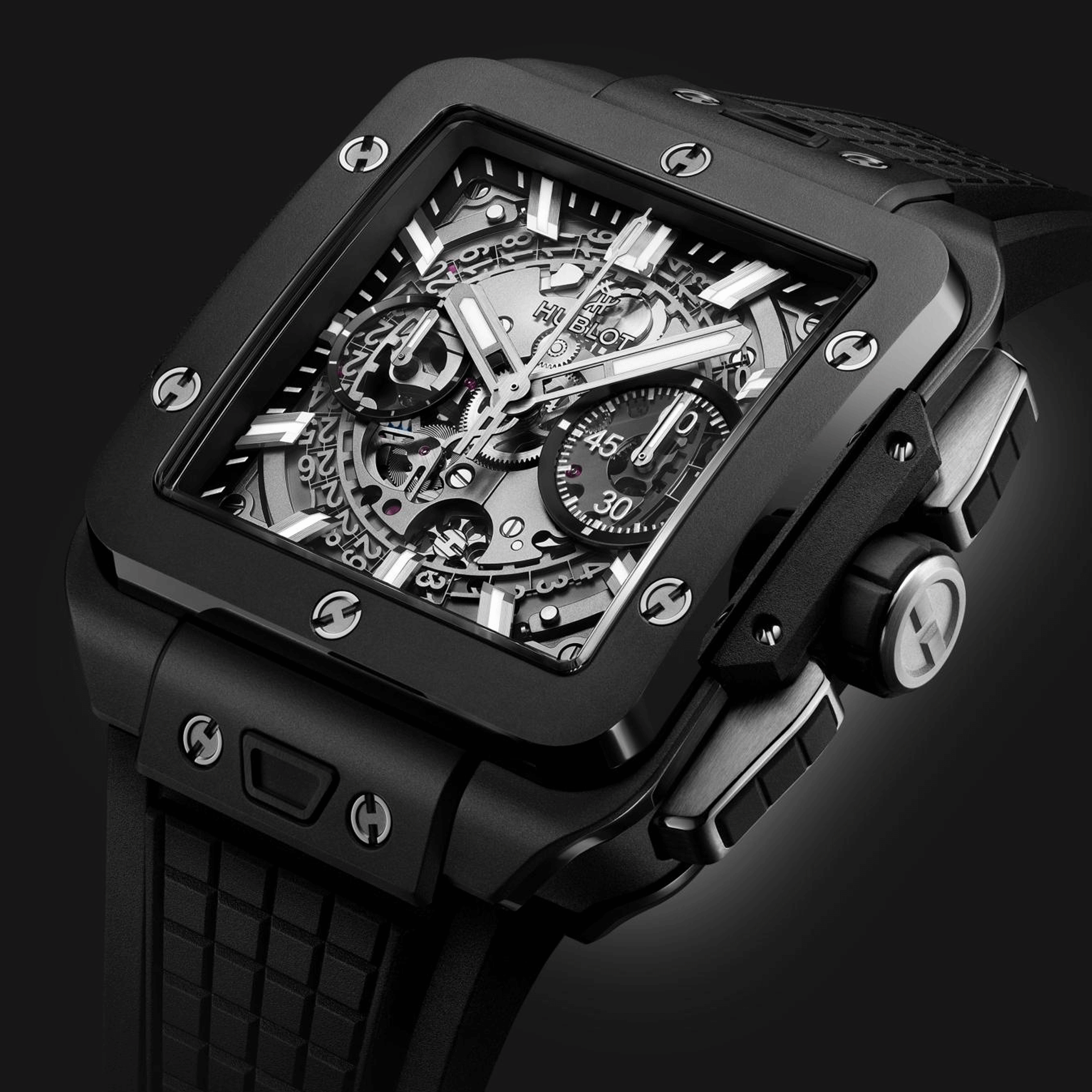 Montre Hublot Square Bang Unico Black Magic automatique cadran squelette bracelet caoutchouc noir 42 mm 821.CI.0170.RX