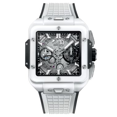 Montre Hublot Square Bang Unico White Ceramic automatique cadran squelette bracelet caoutchouc blanc 42 mm 821.HX.0170.RX