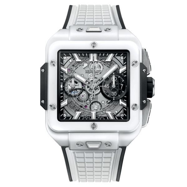 Hublot Square Bang Unico White Ceramic automatic watch skeleton dial white rubber strap 42 mm