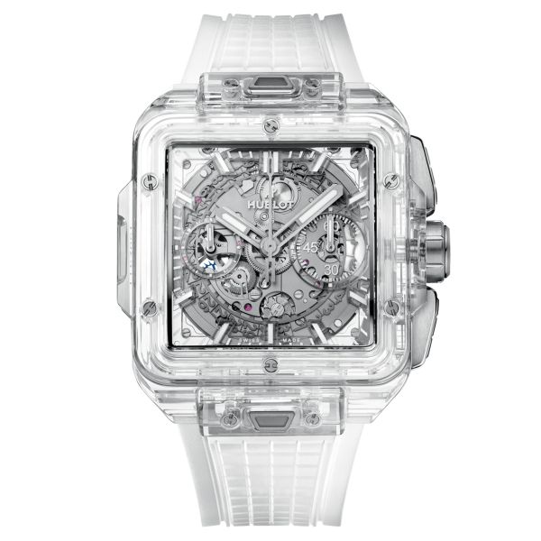 Montre Hublot Square Bang Unico Sapphire automatique cadran squelette bracelet caoutchouc blanc 42 mm 821.JX.0120.RT