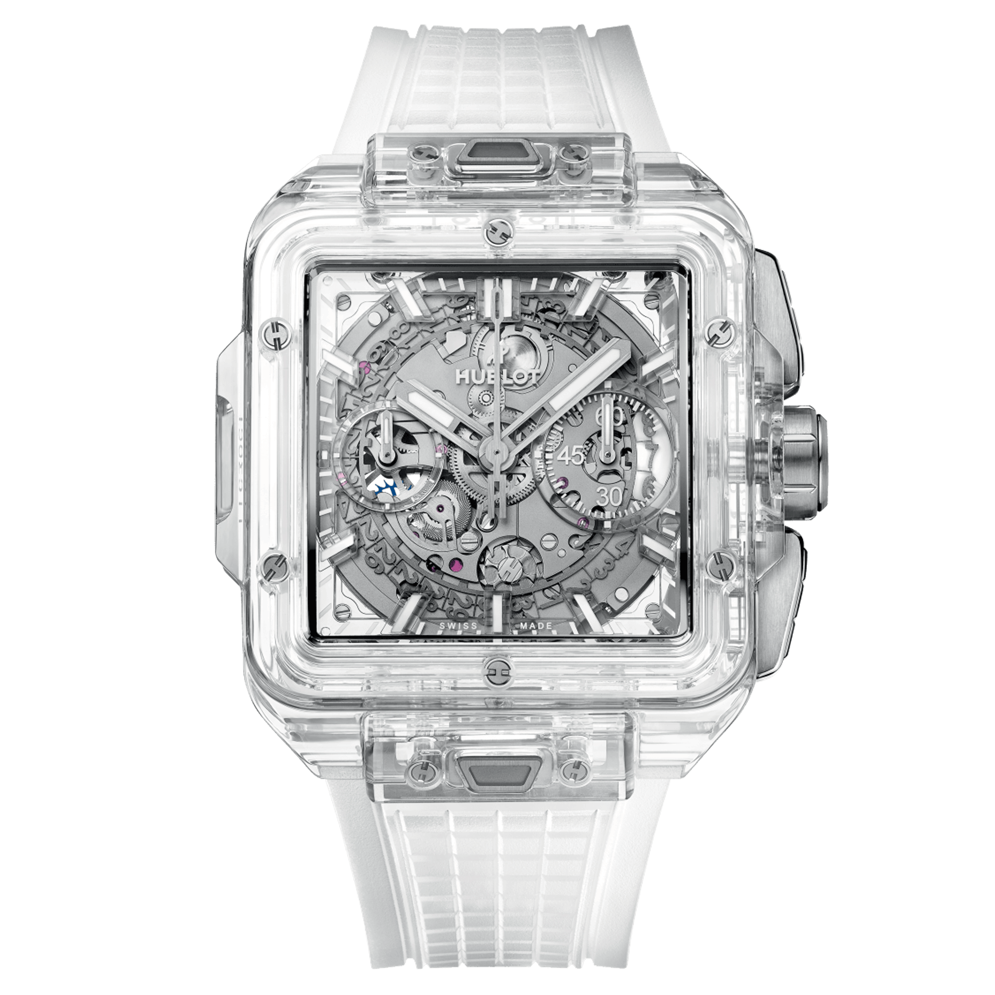 Montre Hublot Square Bang Unico Sapphire automatique cadran squelette bracelet caoutchouc blanc 42 mm 821.JX.0120.RT