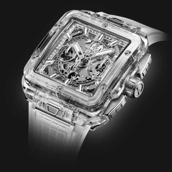 Montre Hublot Square Bang Unico Sapphire automatique cadran squelette bracelet caoutchouc blanc 42 mm 821.JX.0120.RT