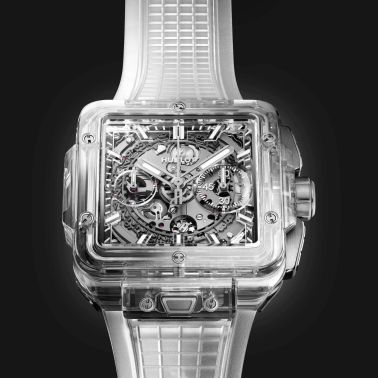 Montre Hublot Square Bang Unico Sapphire automatique cadran squelette bracelet caoutchouc blanc 42 mm 821.JX.0120.RT