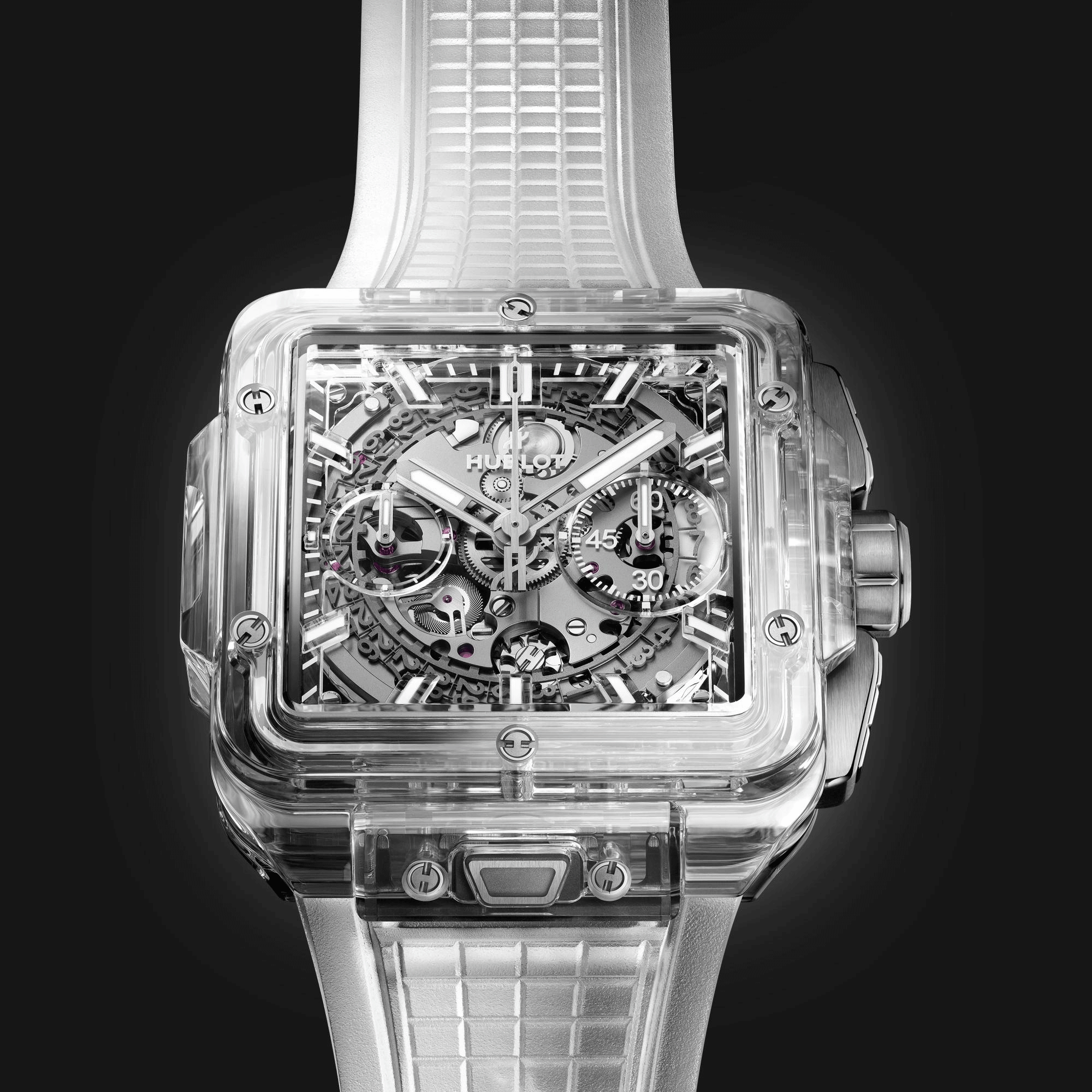 Montre Hublot Square Bang Unico Sapphire automatique cadran squelette bracelet caoutchouc blanc 42 mm 821.JX.0120.RT