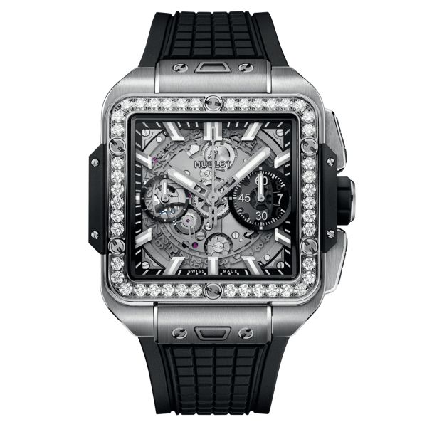 Montre Hublot Square Bang Unico Titanium Diamonds automatique cadran squelette bracelet caoutchouc noir 42 mm 821.NX.0170.RX.120
