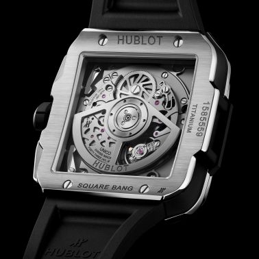 Montre Hublot Square Bang Unico Titanium Diamonds automatique cadran squelette bracelet caoutchouc noir 42 mm 821.NX.0170.RX.120
