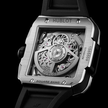 Montre Hublot Square Bang Unico Titanium Pavé automatique cadran squelette bracelet caoutchouc noir 42 mm 821.NX.0170.RX.1604