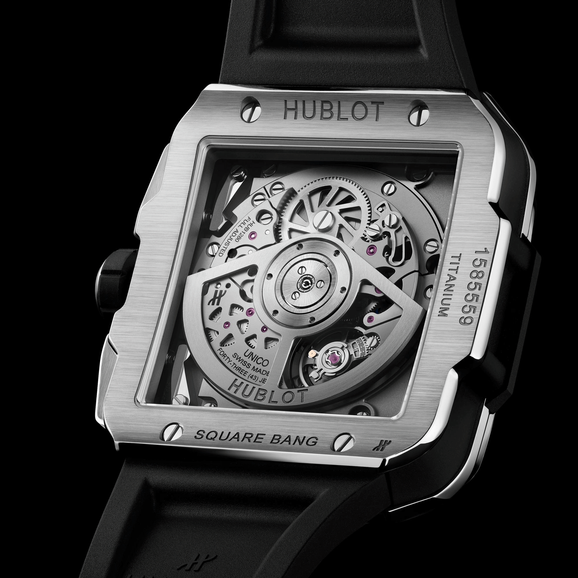 Montre Hublot Square Bang Unico Titanium Pavé automatique cadran squelette bracelet caoutchouc noir 42 mm 821.NX.0170.RX.1604