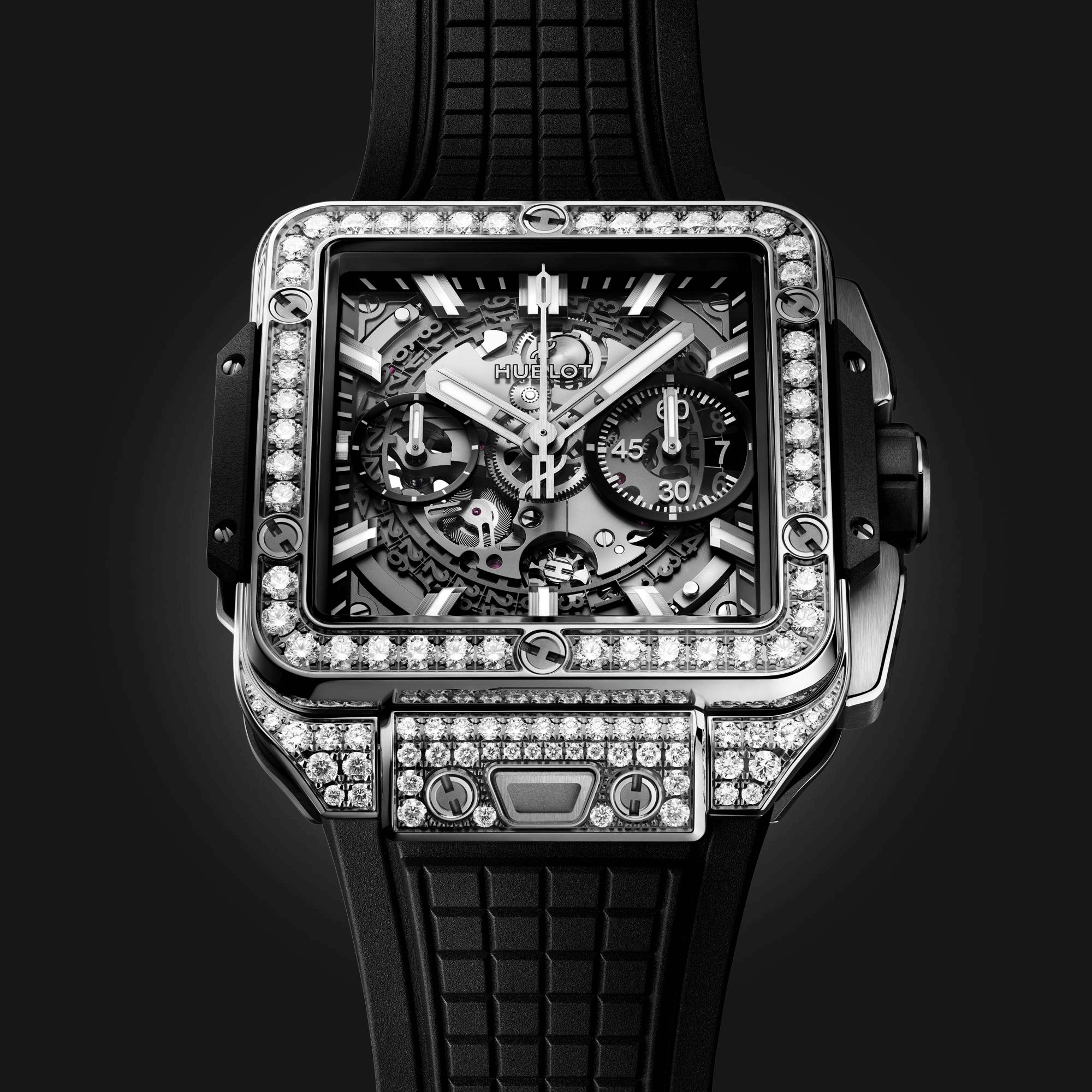 Montre Hublot Square Bang Unico Titanium Pavé automatique cadran squelette bracelet caoutchouc noir 42 mm 821.NX.0170.RX.1604