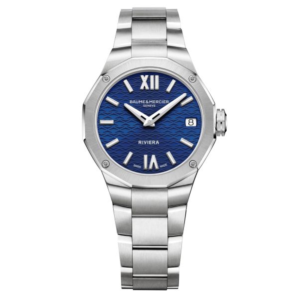 Baume et Mercier Riviera quartz watch blue dial steel bracelet 33 mm