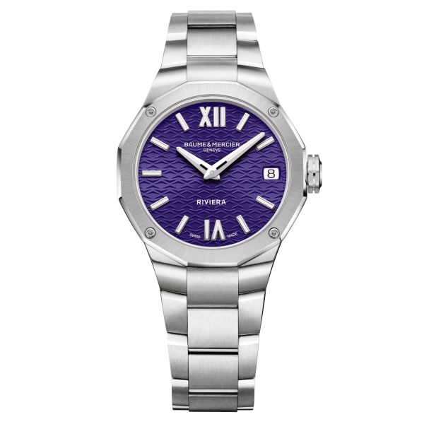 Baume et Mercier Riviera quartz watch violet dial steel bracelet 33 mm